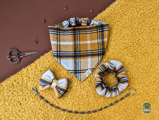 Yellow Tartan Check Bundle | Elastic Dog Bandana + Bow Tie + Free Hair Scrunchie