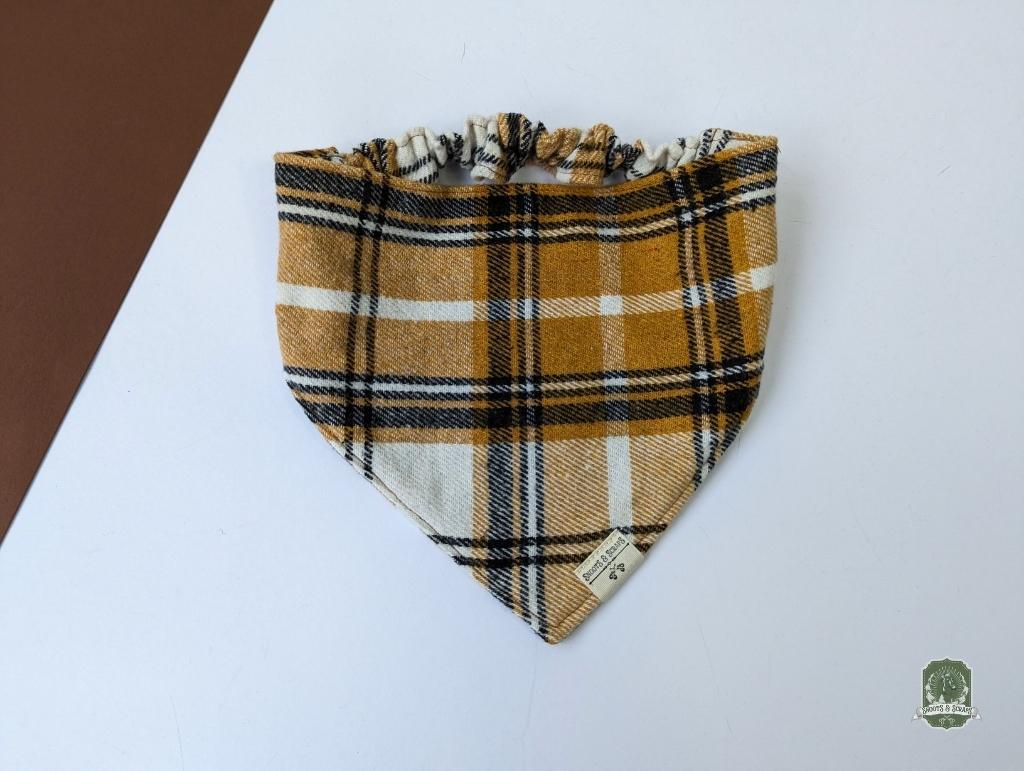 single yellow tartan stretch bandana showing front of bandana including tag