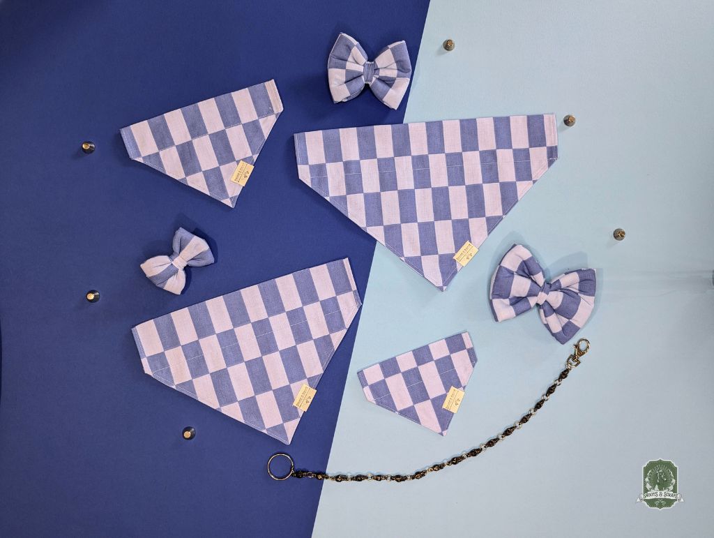 Pet accessory set with checkered pattern on a blue and purple background