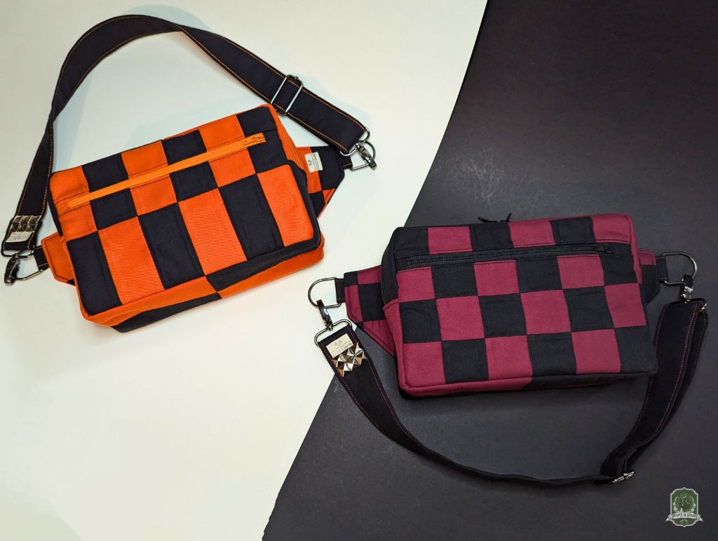 Snoots On The Go | Upcycled Dog Walking Bag | Black & Orange Rectangle Checks Patchwork