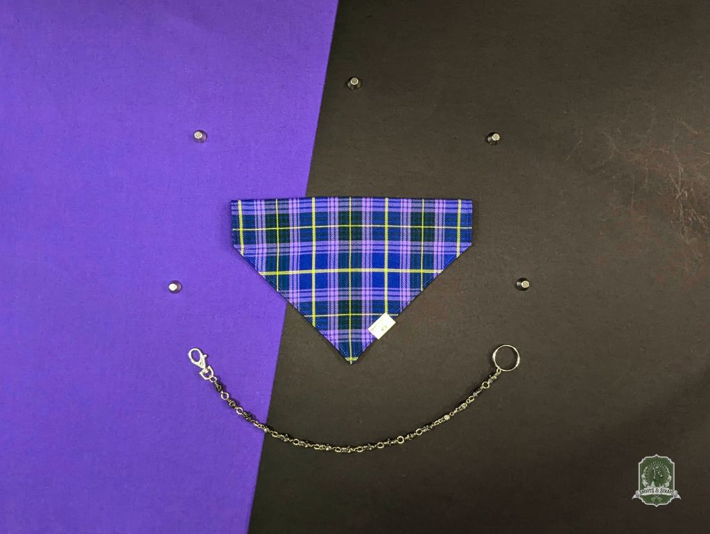 Plaid dog bandana with chain on a purple and black background