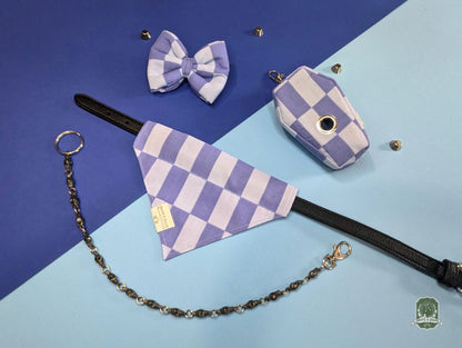 Pet accessory set with checkered pattern on a blue and purple background