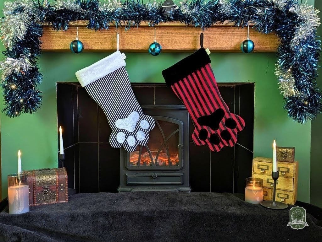 Red & Black Stripes Pet Stocking | Paw Shaped Spooky Christmas Stocking