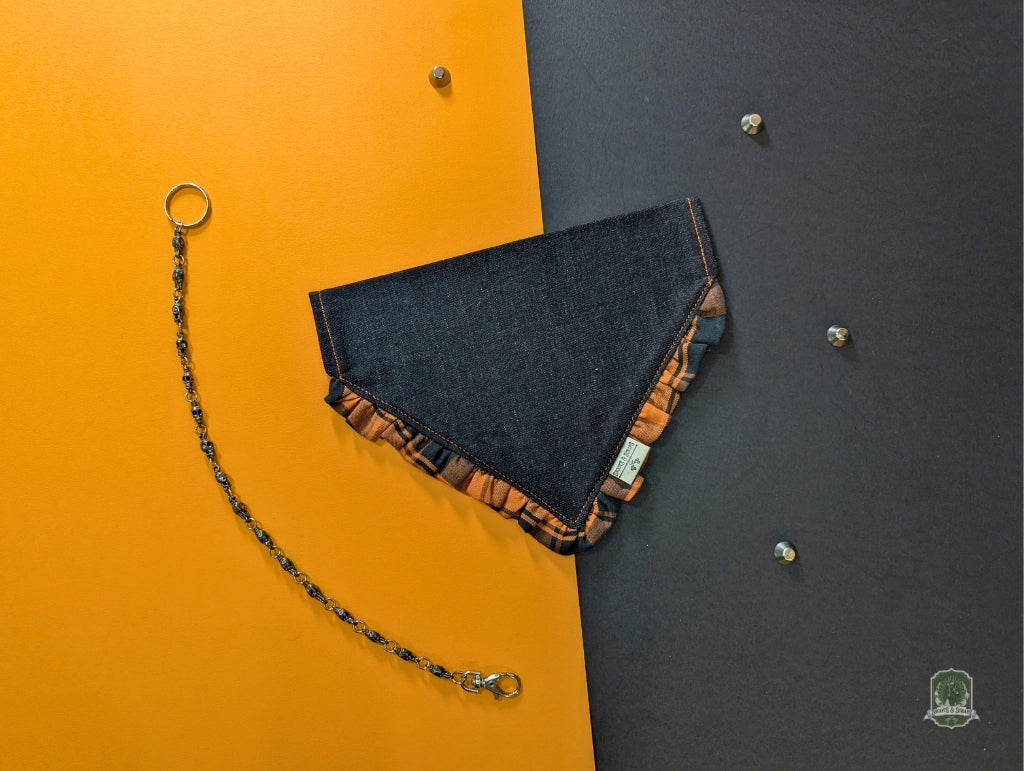 Black Denim & Orange Tartan Frill | Slide on Collar Bandana