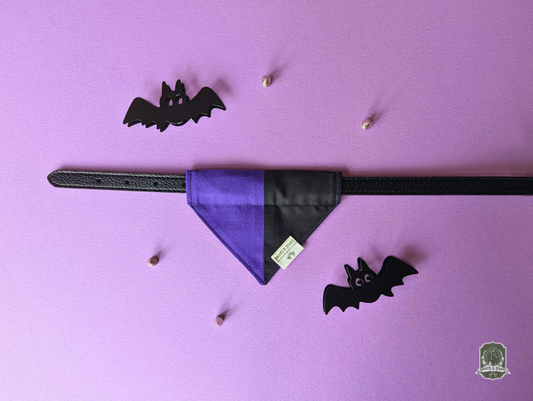 Purple and black dog bandana with black bats on a purple background