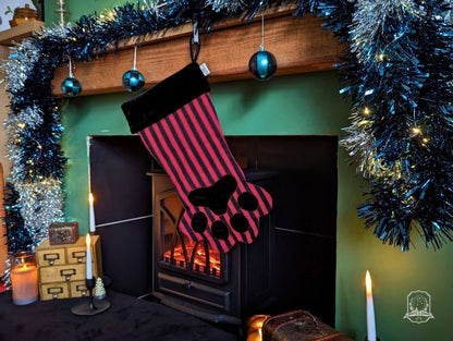 Red & Black Stripes Pet Stocking | Paw Shaped Spooky Christmas Stocking