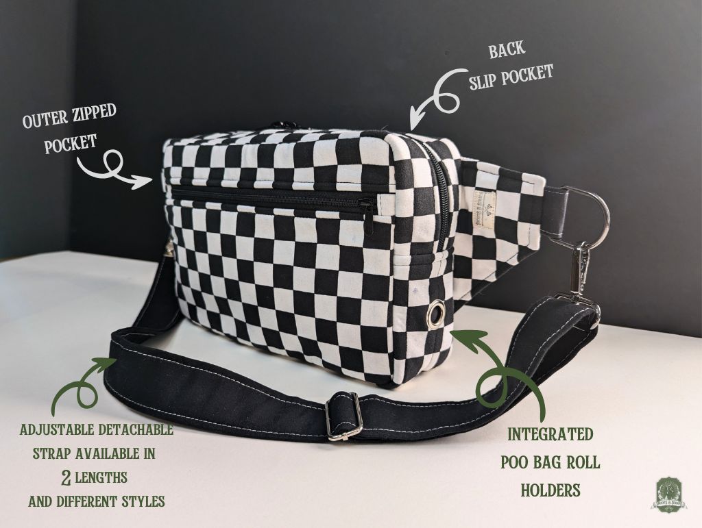 Snoots On The Go | Upcycled Dog Walking Bag | Black & White Checkerboard