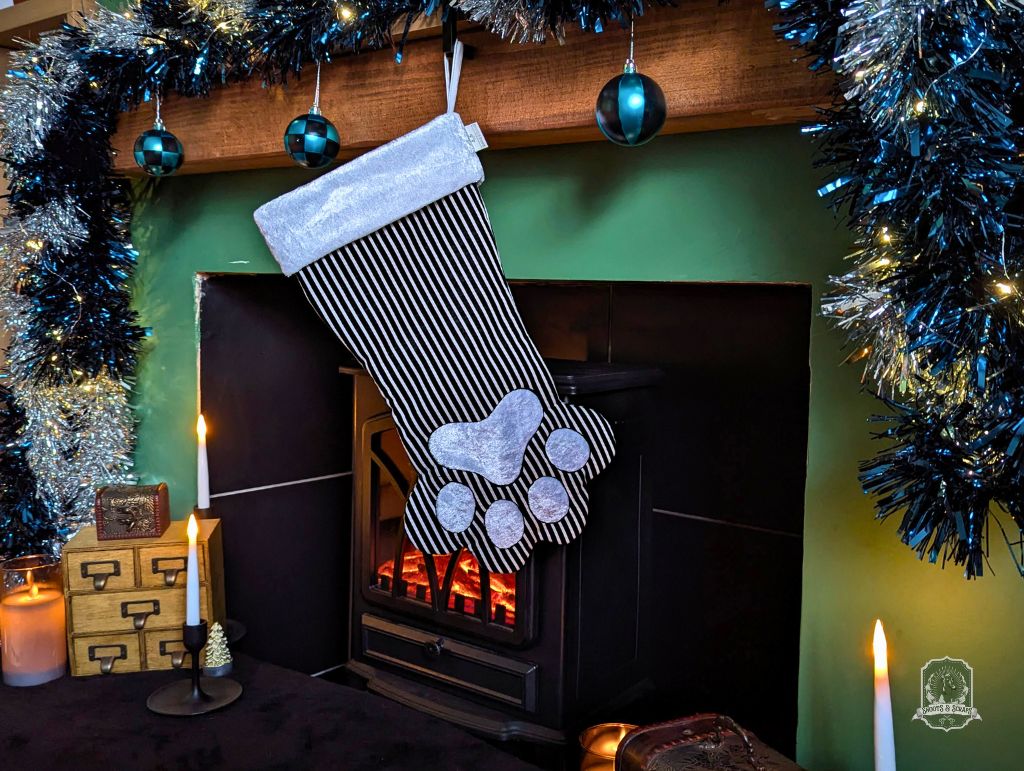 Black & White Stripes Pet Stocking | Paw Shaped Spooky Christmas Stocking