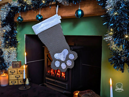 Black & White Stripes Pet Stocking | Paw Shaped Spooky Christmas Stocking