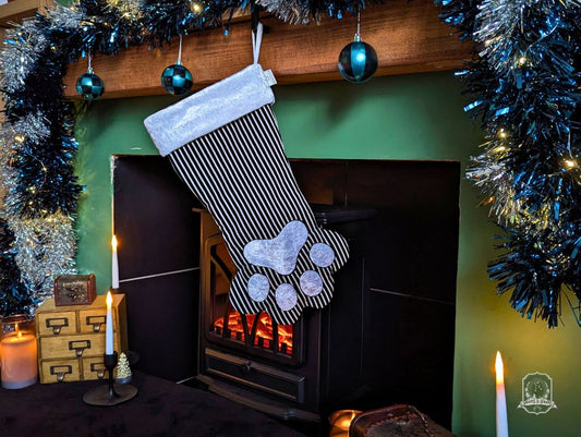 Black & White Stripes Pet Stocking | Paw Shaped Spooky Christmas Stocking