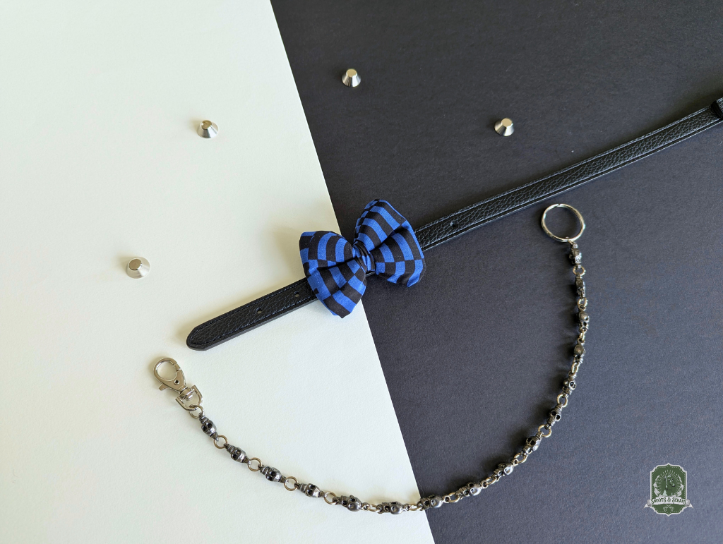 Blue and black Checkerboard pet bow tie on a black leather collar