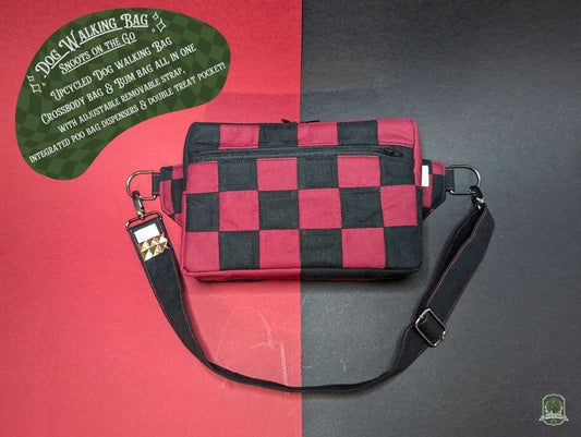 Snoots On The Go | Upcycled Dog Walking Bag | Burgundy Red & Black Checkerboard