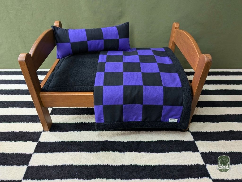 Black & Purple Checkerboard Pet Bedding Set | Quilt Blanket, Pillow and Mattress Pad