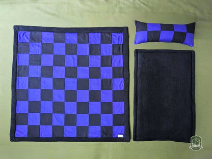 Black & Purple Checkerboard Pet Bedding Set | Quilt Blanket, Pillow and Mattress Pad