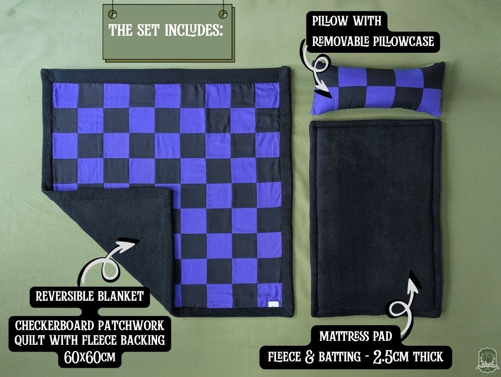 Black & Purple Checkerboard Pet Bedding Set | Quilt Blanket, Pillow and Mattress Pad