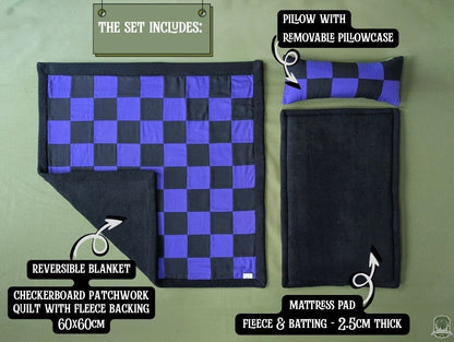 Black & Purple Checkerboard Pet Bedding Set | Quilt Blanket, Pillow and Mattress Pad