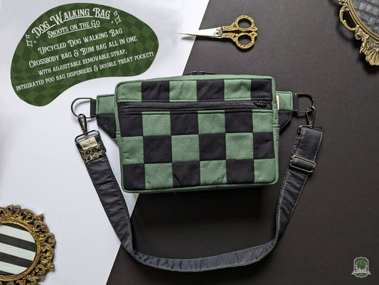 Snoots On The Go | Upcycled Dog Walking Bag | Green & Black Patchwork Checkerboard