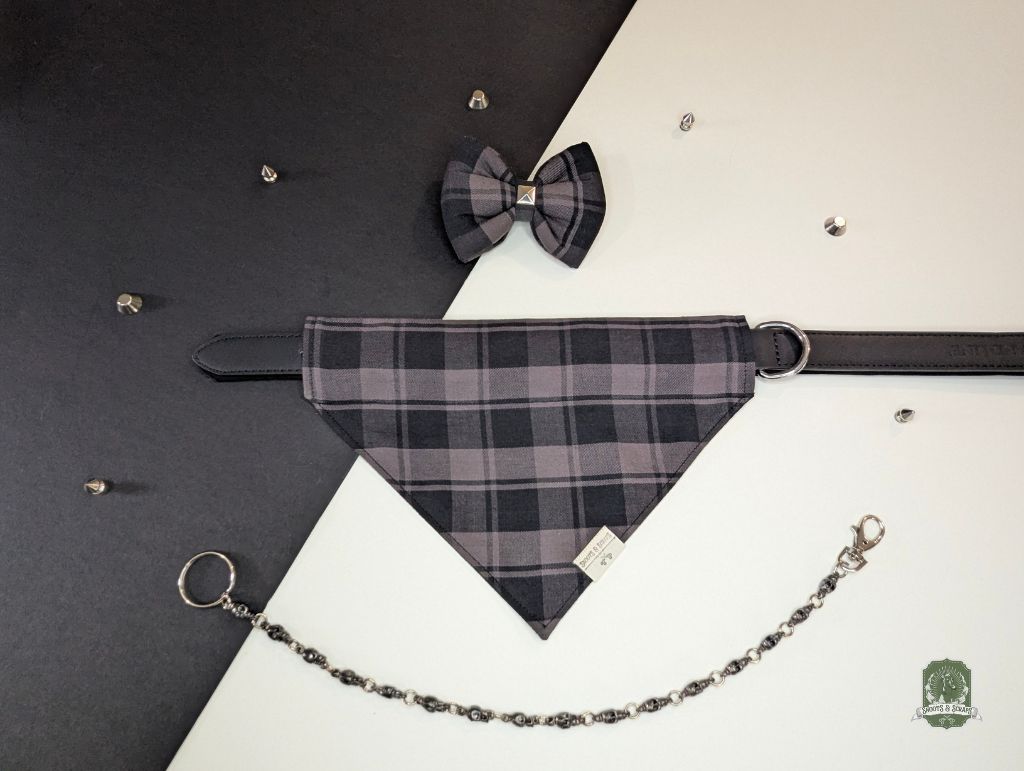 Grey & Black Tartan | Slide On Dog Bandana