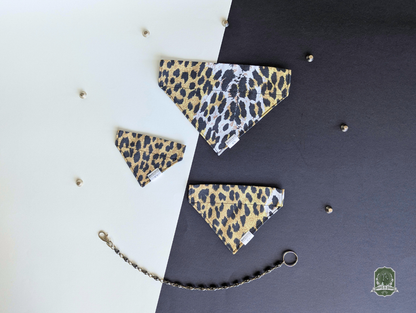 Leopard print dog bandanas on a black and white background