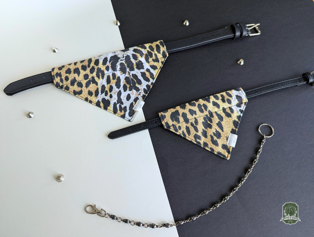 Two leopard print dog collars with black straps on a white and gray background.