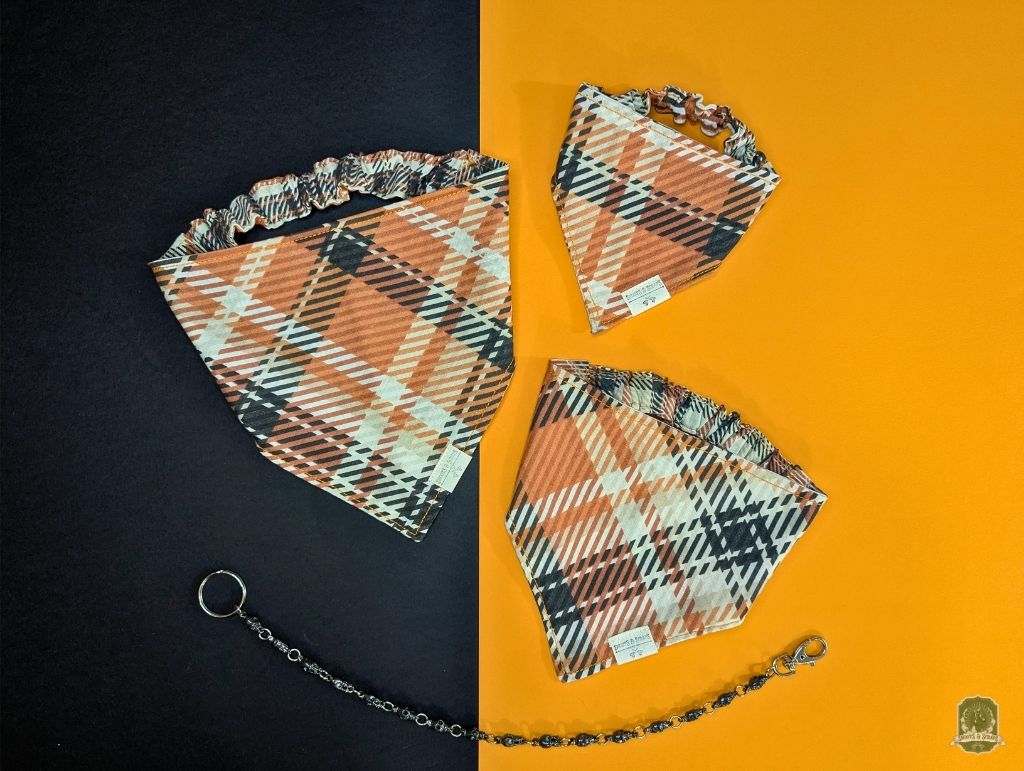 Orange, White & Black Tartan | Elastic Dog Bandana