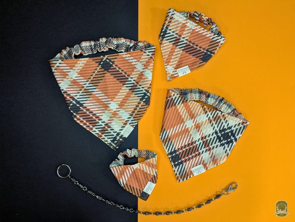 Orange, White & Black Tartan | Elastic Dog Bandana