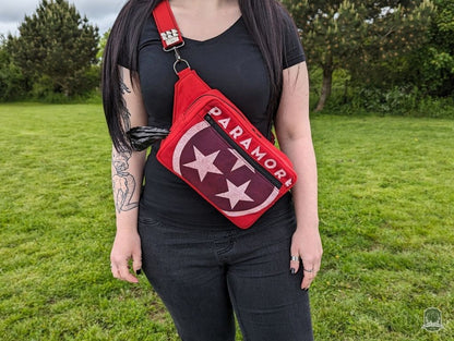 Snoots On The Go | Upcycled Dog Walking Bag | Paramore Red Band Tee