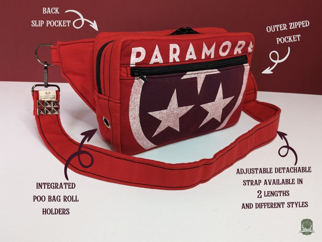 Snoots On The Go | Upcycled Dog Walking Bag | Paramore Red Band Tee