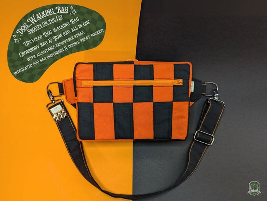 Snoots On The Go | Upcycled Dog Walking Bag | Black & Orange Rectangle Checks Patchwork