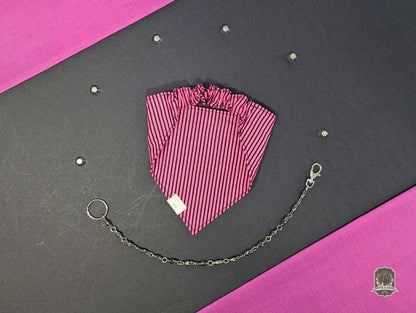 Pink and black striped dog bandana with elasticated collar, with chain on a black and pink background