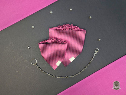 Pink and black striped dog bandanas with elasticated collar, with chain on a black and pink background