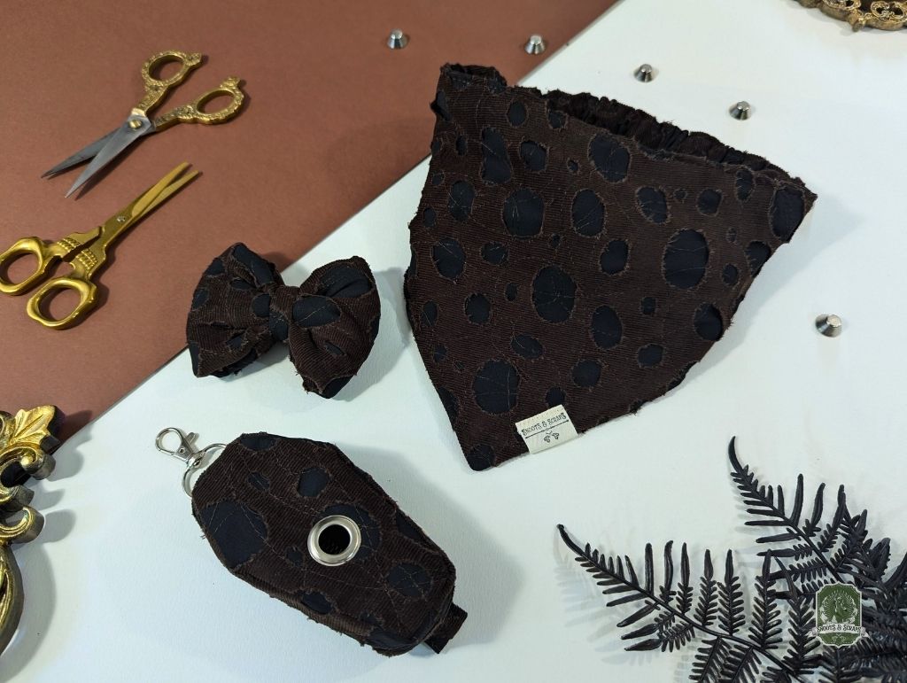 Ragged Brown Matching Set | Elastic Dog Bandana + Bow Tie + Poo Bag Holder | Dog Essentials Bundle