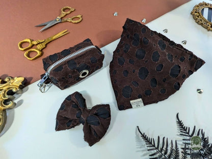 Ragged Brown Matching Set | Elastic Dog Bandana + Bow Tie + Poo Bag Holder | Dog Essentials Bundle