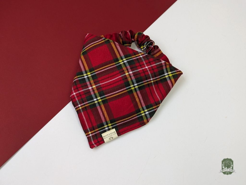 Red Tartan Check Bundle | Elastic Dog Bandana + Bow Tie + Free Hair Scrunchie