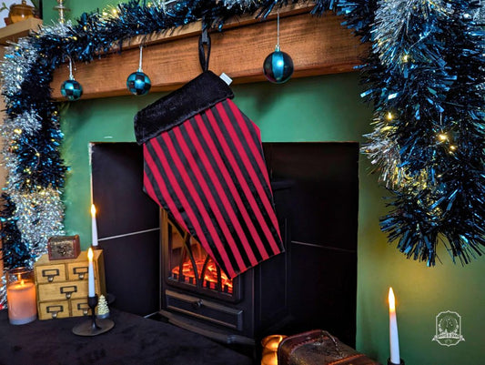 Red & Black Stripes Coffin Stocking | Halloween & Christmas Stocking