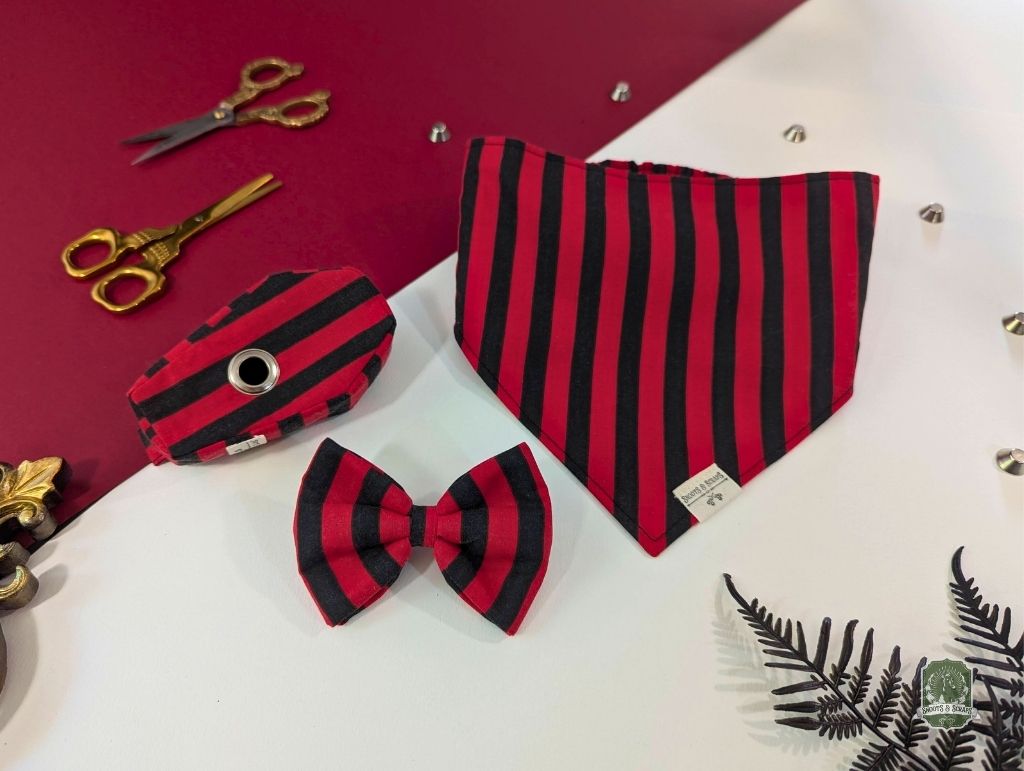 Black & Red Stripes Matching Set | Elastic Dog Bandana + Bow Tie + Poo Bag Holder | Dog Essentials Bundle