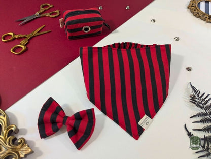 Black & Red Stripes Matching Set | Elastic Dog Bandana + Bow Tie + Poo Bag Holder | Dog Essentials Bundle