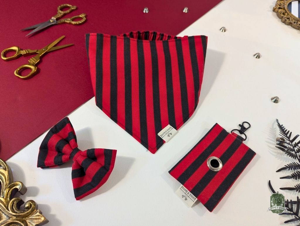 Black & Red Stripes Matching Set | Elastic Dog Bandana + Bow Tie + Poo Bag Holder | Dog Essentials Bundle