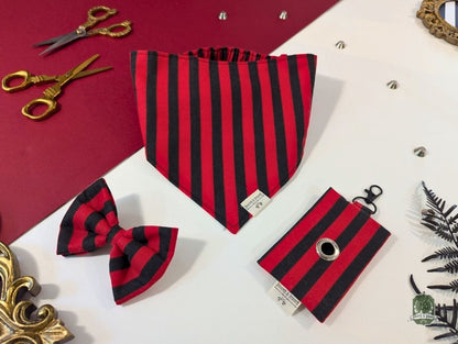 Black & Red Stripes Matching Set | Elastic Dog Bandana + Bow Tie + Poo Bag Holder | Dog Essentials Bundle