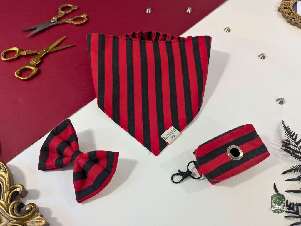 Black & Red Stripes Matching Set | Elastic Dog Bandana + Bow Tie + Poo Bag Holder | Dog Essentials Bundle