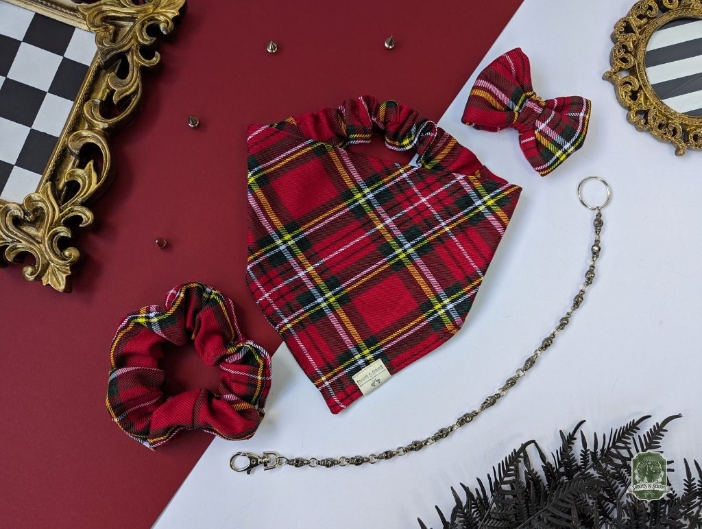 Red Tartan Check Bundle | Elastic Dog Bandana + Bow Tie + Free Hair Scrunchie