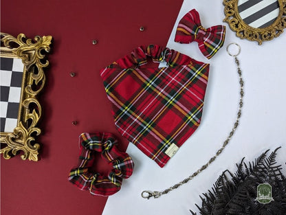 Red Tartan Check Bundle | Elastic Dog Bandana + Bow Tie + Free Hair Scrunchie