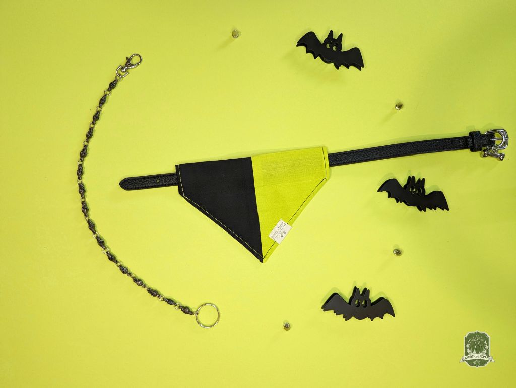 Black and yellow dog bandana displayed on a black collar on a yellow background with black bat decorations.