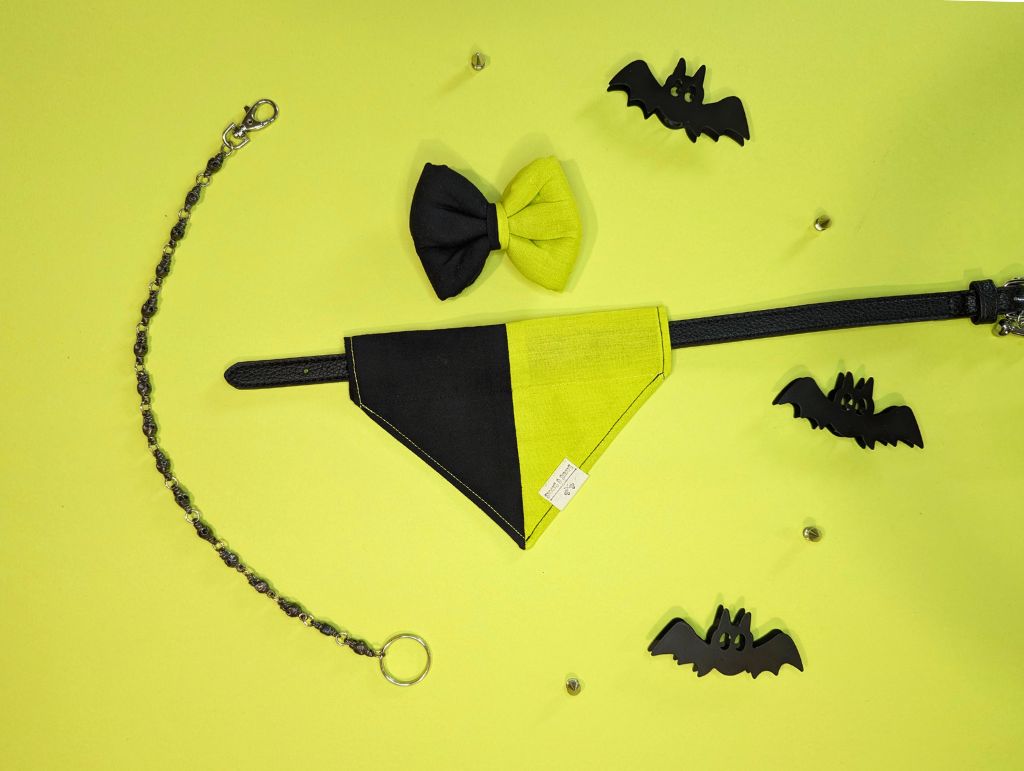 Halloween-themed pet accessory set on a yellow background with black bats.