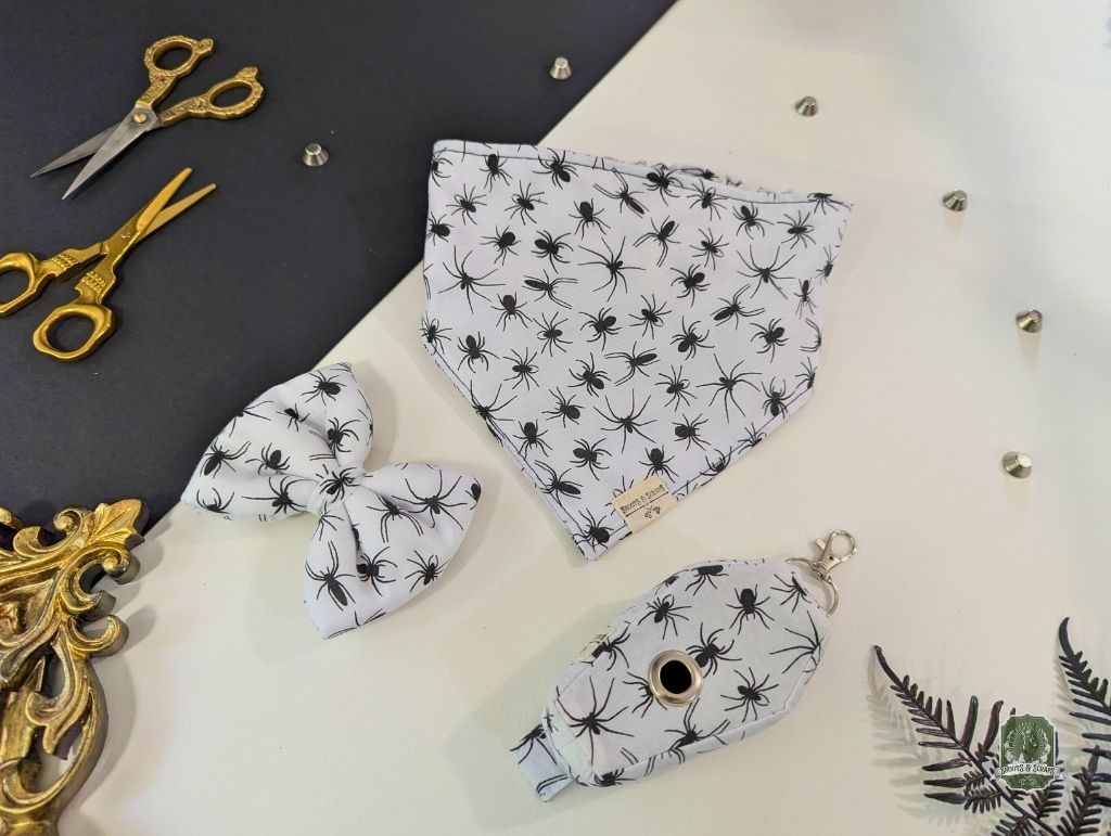 Spiders Matching Set | Elastic Dog Bandana + Bow Tie + Poo Bag Holder | Dog Essentials Bundle