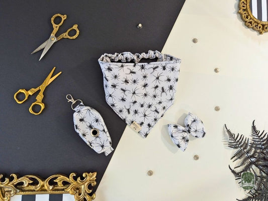 Spiders Matching Set | Elastic Dog Bandana + Bow Tie + Poo Bag Holder | Dog Essentials Bundle