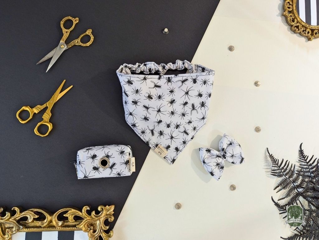 Spiders Matching Set | Elastic Dog Bandana + Bow Tie + Poo Bag Holder | Dog Essentials Bundle