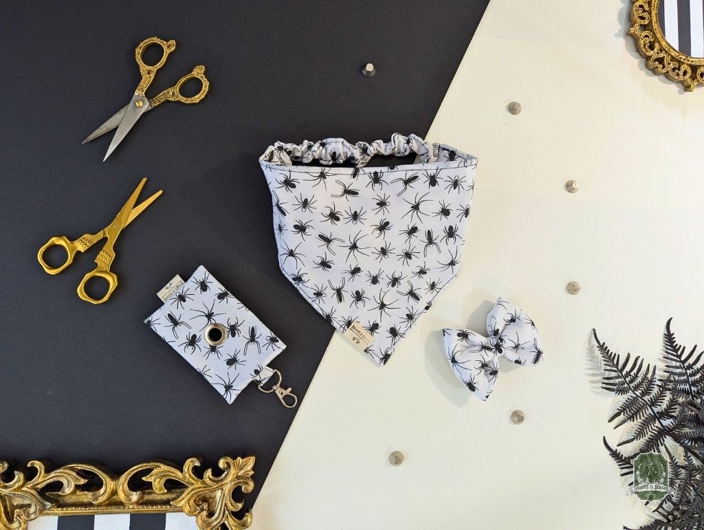 Spiders Matching Set | Elastic Dog Bandana + Bow Tie + Poo Bag Holder | Dog Essentials Bundle