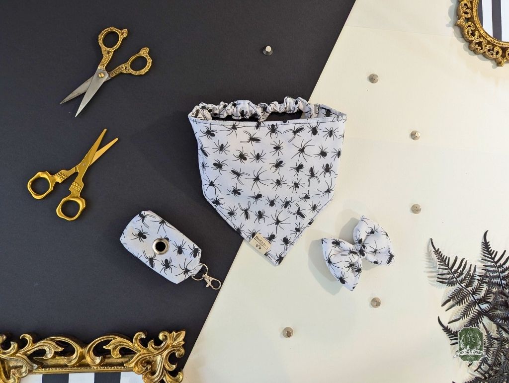 Spiders Matching Set | Elastic Dog Bandana + Bow Tie + Poo Bag Holder | Dog Essentials Bundle