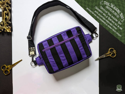 Snoots On The Go | Upcycled Dog Walking Bag | Violet & Black Patchwork Stripes